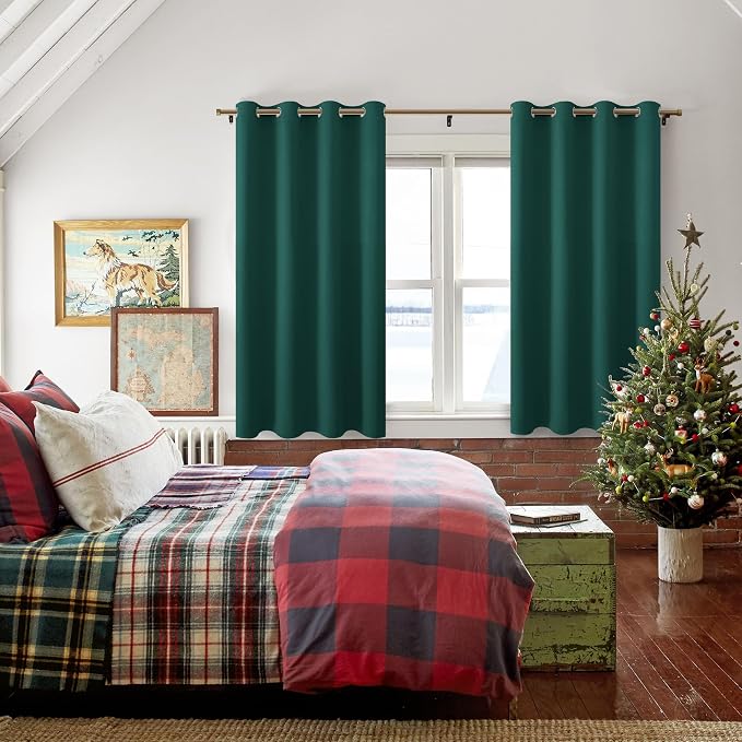 Hiasan Blackout Curtains for Bedroom - Thermal Insulated & Energy Saving Window Curtains for Living Room/Kids Room, 2 Drape Panels Sewn with Tiebacks, Hunter Green, 52 x 45 Inch