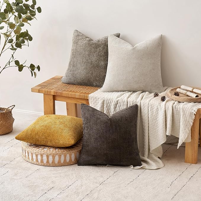 MIULEE Pack of 4 Couch Throw Pillow Covers 20x20 Inch Neutral Gold/Brown Soft Decorative Chenille Pillow Covers Farmhouse Accent Cushion Covers for Boho Fall Home Decor Sofa Bedroom Living Room