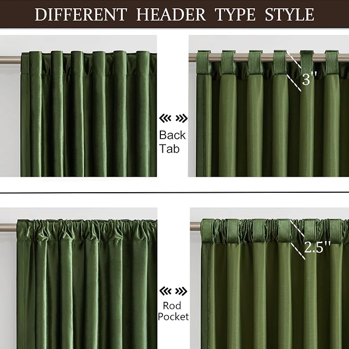100% Full Blackout Olive Green Velvet Curtains 63 inch Long for Living Room,Set of 2 Liner Rod Pocket Back Tab Thermal Window Curtains Room Darkening Heavy Decorative Curtains Drapes for Bedroom