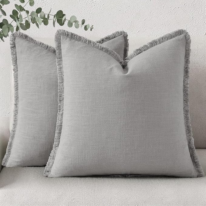 decorUhome Linen Fringe Light Grey Throw Pillow Covers 24x24 Set of 2 | Euro Sham Decorative Soft Accent Modern Boho Farmhouse Cushion Covers with Tassels Cotton Pillow Covers for Couch Bed Sofa
