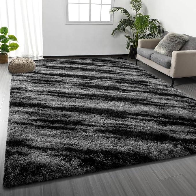Deerhoo Large Shag Area Rugs 8 x 10, Tie-Dyed Plush Fuzzy Rugs for Living Room, Ultra Soft Fluffy Furry Rugs for Bedroom, Anti-Skid Indoor Carpet Nursery Rugs for Kids Room Home Decor, Black Grey