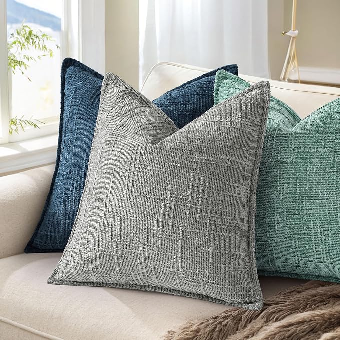 decorUhome Chenille Throw Pillow Covers 18x18 Set of 2, Thick Textured Slubby Neutral Decorative Pillow Covers with Elegant Design for Couch, Sofa, Living Room, Aqua