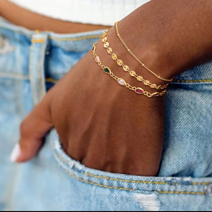 Dremmy Studios Gold Bracelet for Women 18K Gold Plated Dainty Paperclip Cubic Zirconia Disc Coin Star Cable Satellite Bead Pearl Simple Boho Minimalist Stacking Layered Link Jewelry Gift