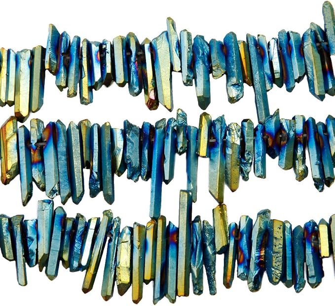 TUMBEELLUWA Rock Quartz Crystal Points Loose Beads for Jewelry Making, Titanium Coated Polished/Raw Quartz Beads 15 Inches Top Drilled,Blue/Golden Crystal Points(0.45"-1.35")