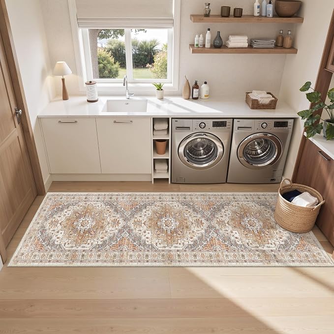befbee 2x8 Runner Rug Washable Hallway Runner Rug Ultra-Thin Soft Kitchen Rug Non Slip Indoor Floor Foldable Carpet with Low Pile for Bathroom Laundry Room Living Room Entryway(Turmeric/Grey,2'x8')