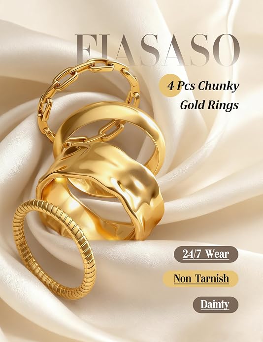 FIASASO Chunky Gold Rings for Women Non Tarnish - 4Pcs 14K Gold Plated Dainty Stackable Ring Set Trendy Hypoallergenic Thick Dome Statement Finger Knuckle Rings Pack Size 5-10