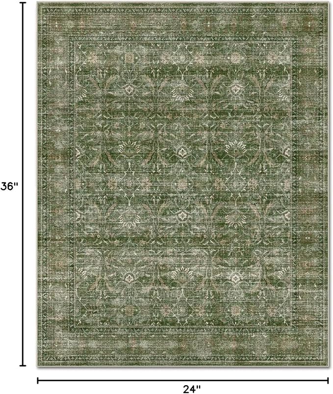 Washable 2x3 Entryway Rug, Boho Vintage Non-Slip Door Mat, Grass Green | 0.3" Neutral Throw Small Rugs for Bedroom Kitchen Nursery Entrance, Cushioned for High-traffic Area