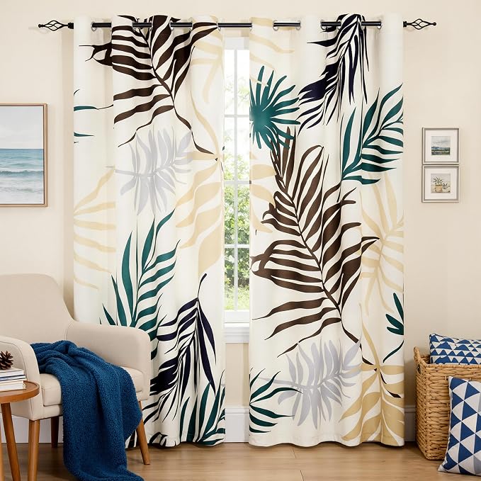 SUBRTEX Boho Leaf Printed Curtains 95 inch Long 2 Panels, Room Darkening Vibrant Floral Drapes, 50% Blackout Light Flitering, Semi Sheer Farmhouse Curtains for Living Room, 52Wx95L, Yellow Leaf