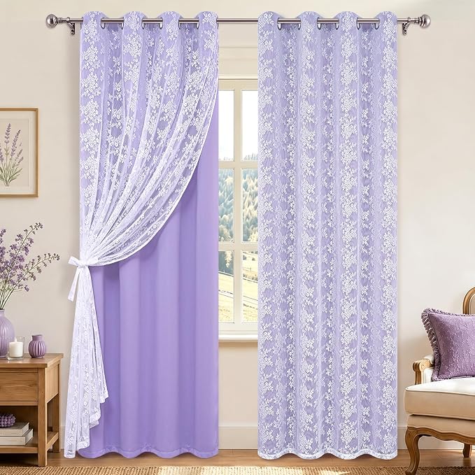 Yinhua Purple Curtains for Girls Room Double Layer Blackout Curtains for Bedroom 84 Inches Long Nursery Curtain for Living Room, Grommet Drapes with Tiebacks, 52" W x 84" L