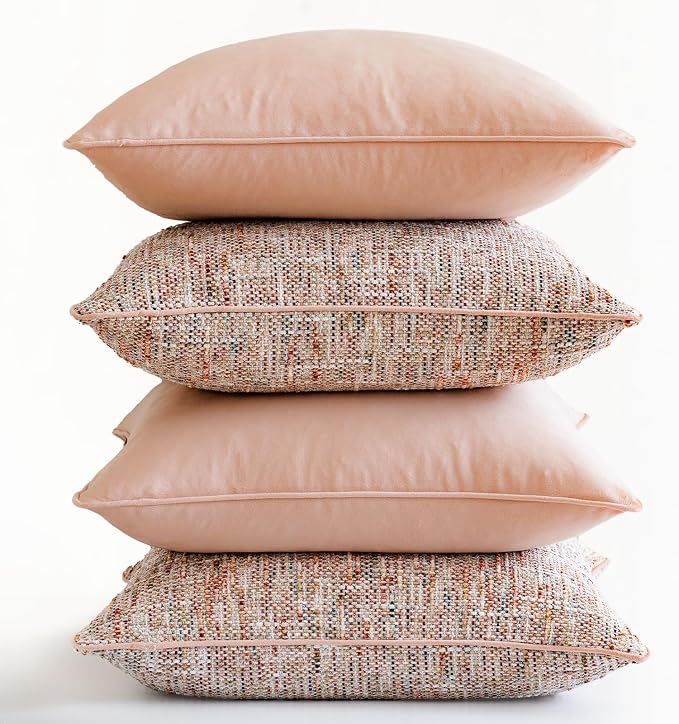 a moment Light Pink 4 Pack Throw Pillow Covers - Chenille & Velvet Set with Piping, Farmhouse Textured Design Pillow Cases for Couch Sofa Bed Livingroom (18x18 Inch, No Insert)