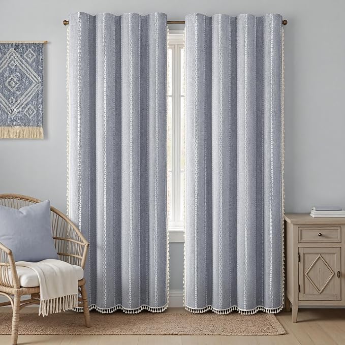 Blue Boho Blackout Curtains 2 Panels 90 Inch for Living Room Bedroom, Linen Texture Farmhouse Curtains with Tassels and White Cotton Embroidery Vintage Rustic Country Western