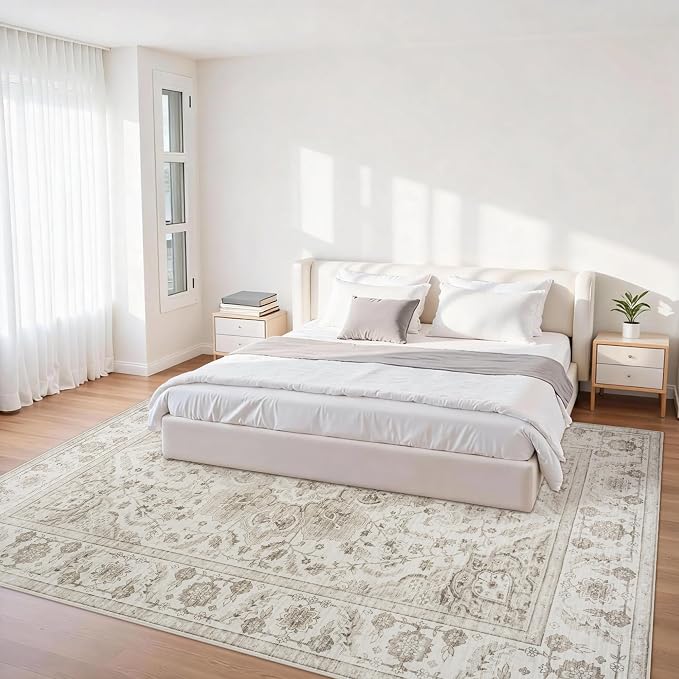 6x9 Area Rugs for Living Room:Beige Washable Vintage Medallion Carpet Non-Slip Soft Low Pile Large Rugs Indoor Retro Rug for Bedroom Nursery Dining Table Office Home(Beige White 6'x9')