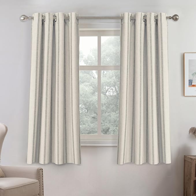 DriftAway Farmhouse Linen Stripe Blackout Curtains, W52xL54, Gray | Blackout, Linen Texture, Stripe Pattern, Rod Pocket & Back Tab, Two Layers, Bedroom Living Room Use, Sound Reducing Design