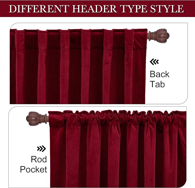 RYB HOME Ruby Red Velvet Curtains for Bedroom Living Room, Thermal Insulated Privacy UV Heat Blocking Luxurious Soft Rod Pocket Back Tab Drapes for Nursery, 62" W x 96" L, 2 Panels