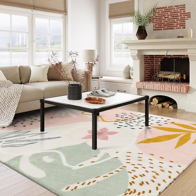 Lahome Pink Boho Living Room Rug 6x9, Washable Non Slip Soft Botanical Area Rug for Cozy Family Room Classroom Bedroom Home Decor