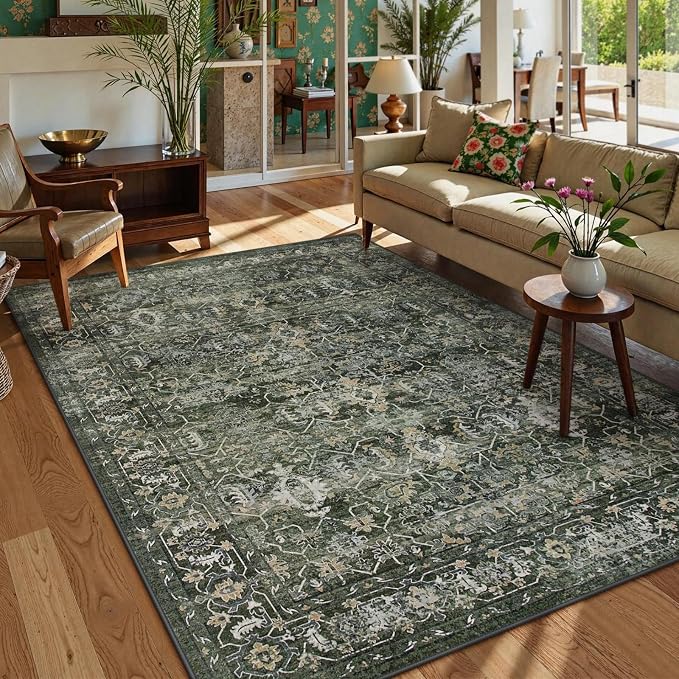 Lahome Margot Vintage 5x7 Area Rugs - Washable Non-Slip Boho Living Room Rugs for Under Table, Green Low Profile Soft Faux Wool for Bedroom, Dinning Room, Nursery, Playroom