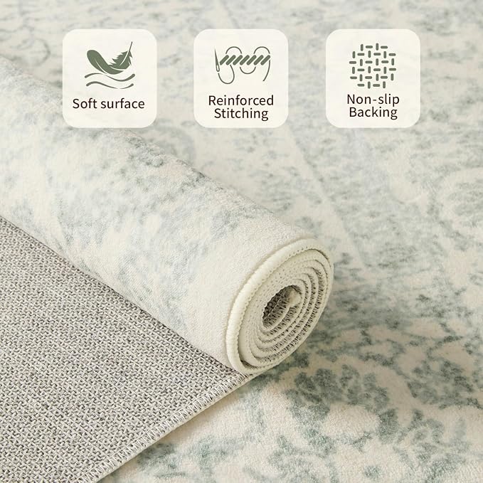 Rugxara 6x9 Washable Area Rug for Living Room, Vintage Large Boho Rugs for Office, Dining Room, Kids Room, Farmhouse, Durable Low Pile Non Slip Carpet for High Traffic Areas, Light Green