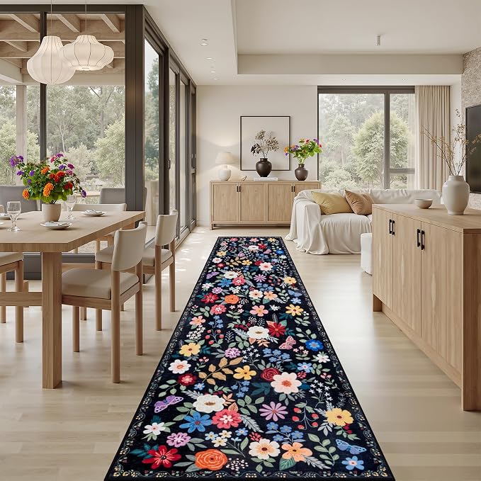 Runner Rug for Entryway: 2.6x14 Kitchen Rugs Non Slip Washable Ultra-Thin Soft Floral Carpet Indoor Floor Stain Resistant Carpets for Hallway Bedroom Kitchen Laundry Bathroom Dorm Black