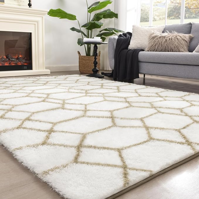 Fluffy Rug for Bedroom, Soft 4x6 White Shag Plush Geometric Area Rugs | Modern White and Beige Rug, Non Slip Carpet for Living Room, Aesthetic Home Decor, Fuzzy Floor Mat for Nursery Teen Dorm