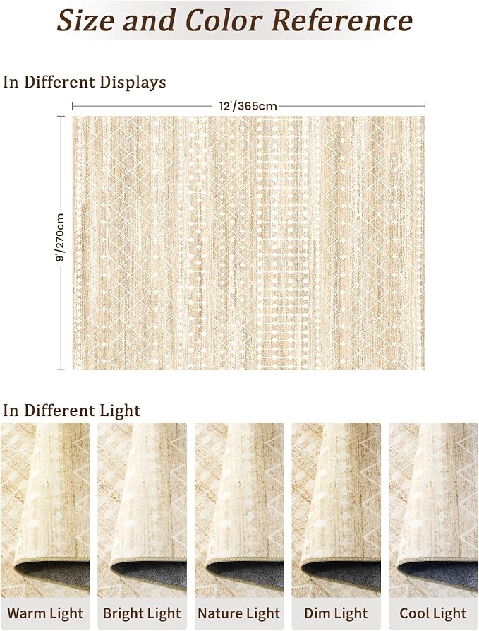 Miukiki 9x12 Area Rug for Living Room Moroccan Washable Rugs Non Slip Indoor Floor Carpet Foldable Large Soft Area Rug for Dining Room Bedroom with Low Pile(Beige,9'x12')