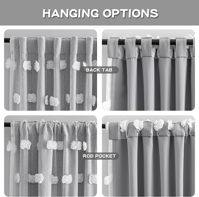 MYSKY HOME Grey Blackout Curtains for Kids Room Boys Bedroom 84 Inch Long Double Layer Curtain with White Pom Pom Sheer for Dining Room Back Tab Room Darkening Window Drapes 2 Panels, 52 x 84 in