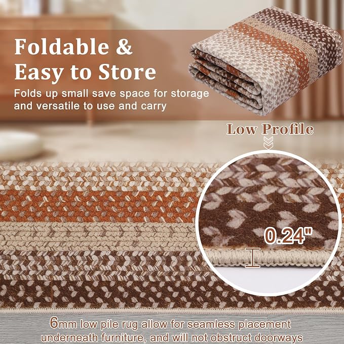 RUGSREAL Hallway Runner Rug 2x6 Braided Machine Washable Kitchen Rug Farmhouse Runner Carpet Non Slip Stain Resistant Rustic Runner Modern Printed Area Rug for Living Room Bedroom, Brown/Rust