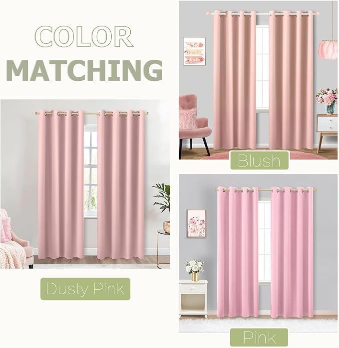 Pink Curtains 63 Inch Length for Baby Girls Nursery Decor,2 Panel Sets Pair Thick Room Darkening Heat Light Blocking Grommet Thermal Insulated Blackout Curtain for Bedroom Girls 52x63 Inches Long
