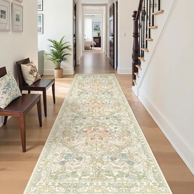 Lunasun Sage Green Non Slip Hallway Runner Rug - Long Runner Rugs 2x7 Washable Kitchen Floor Mat, Laundry Room Rug, Bathroom Runner - Vintage Design Décor