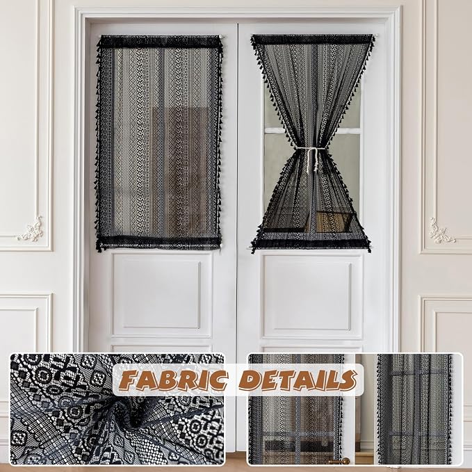 Sutuo Home Black French Door Curtains for Drapery Glass & Sidelights, Boho French Country Style Tassels Vintage Drapes Window Curtains for Front Door Patio Decor, Rod Pocket 2 Panels 25" W x 40" L