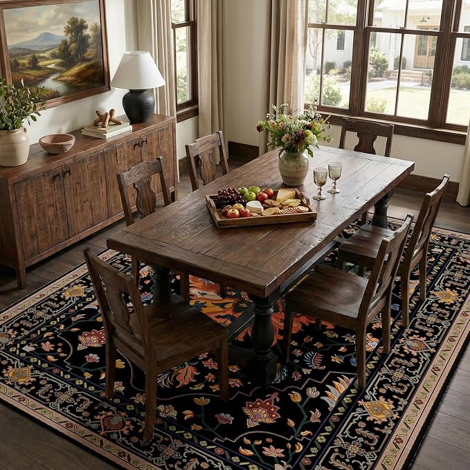 RELEANY Area Rugs Large 9'x12' Washable Non-Slip, Floral Vintage Distress Medallion Carpet for Living Room Bedroom Dining Room, Black Colorful Floral Dark Tan