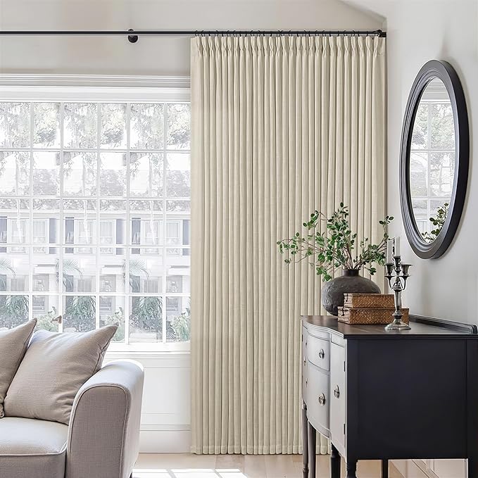 Beige 98 Inch Linen Curtains 2 Panels Set Pinch Pleated for Living Room Bedroom Memory Training Shaped Semi Sheer Neutral Light Tan Flax Burlap Pleat Drapes Hooks Rings Light Filtering Window Curtain