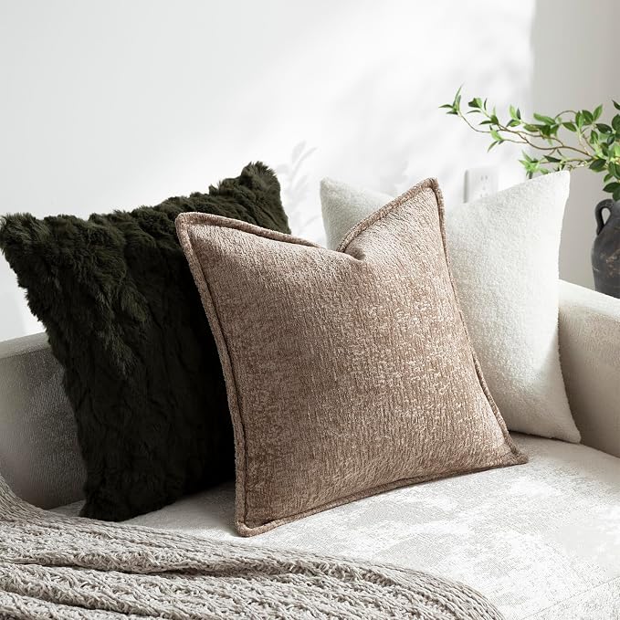 DEZENE Pack of 2 Khaki Decorative Throw Pillow Covers 18x18 Cozy Soft Chenille Accent Vintage Square Couch Pillow Covers for Home Decor Bed Sofa Living Room