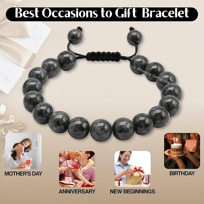 Amazing Gemstone Larvikite Bracelet for Women Men's Gifts - Protection Healing Crystal Bracelet - 8mm Gemstones Beaded Adjustable Bracelet Pulseras para Hombres Mujer Stocking Stuffers