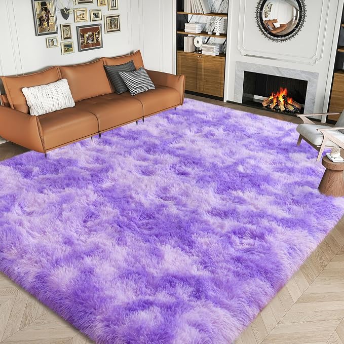 Dssimo 9x12 Area Rugs for Living Room, Purple Tie-Dyed Plush Fluffy Carpet | Upgrade Non-Slip Thick Large Plush Shag Rugs for Nursery Kids Room Dorm Room Home Decor, Indoor Plush Floor Carpet