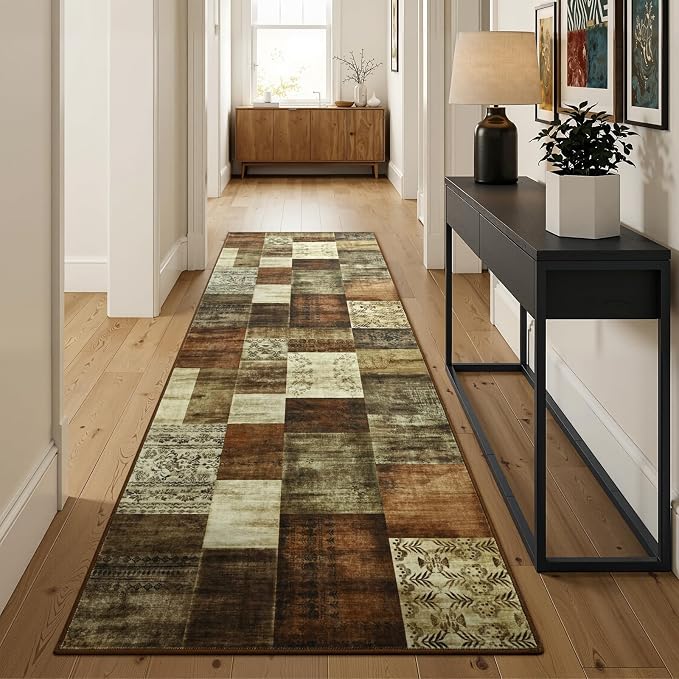 DweIke Runner Rug for for Hallways, 2'x6' Washable Kitchen Rugs with Non Slip Rubber Backing, Soft Low Pile Non-Shedding Geometric Carpet for Laundry Bedroom Bathroom, Brown