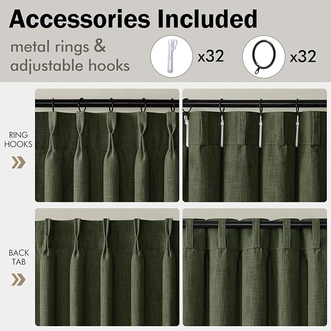 MIULEE 4 Panels Set Pinch Pleated Linen Curtains 108 Inches Length for Living Room Bedroom, Extra Long Pinch Pleat Drapes Back Tab Light Filtering Olive Green Foor to Ceiling Curtains with Hooks
