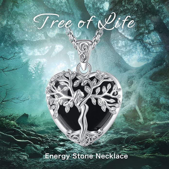 EUDORA Tree of Life Necklace with Moonstone Amethyst Obsidian Turquoise Healing Crystal for Women, Silver Plated Copper Mother Tree of Life Pendant Amulet Energy Jewelry, Gift for Women Mom, 20"+2"