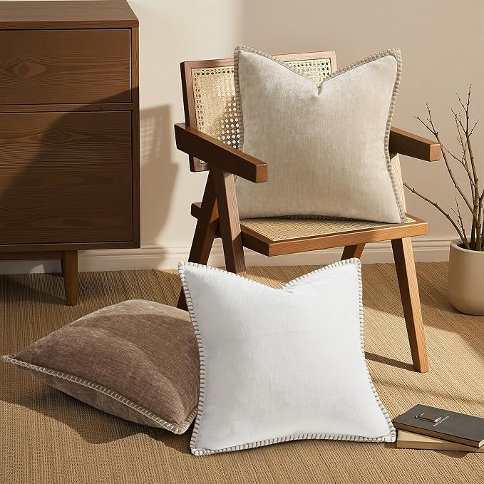 decorUhome Soft Chenille Throw Pillow Covers 18x18 Set of 2 Brown | Fall Textured Decorative Throw Pillow Cases Stitched Edge Modern Farmhouse Luxury Boho Velvet for Couch Sofa Bed Home Decor
