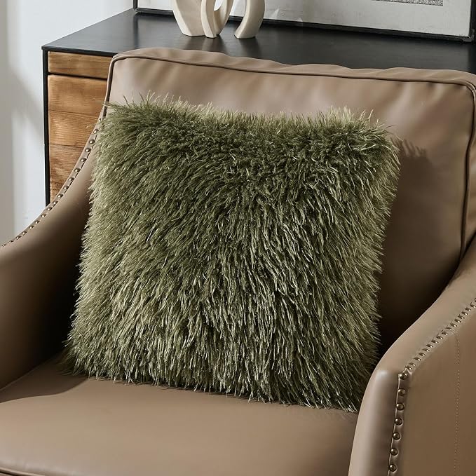 FUTEI Pack of 2 Shaggy Mongolian Faux Wool Throw Pillow Covers 18x18 Inch Soft Fluffy Farmhouse Decorative Cushion Case for Couch Bed Living Room, Olive Green