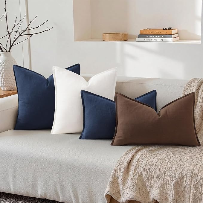 decorUhome Fall Brown Linen Throw Pillow Covers 12x20 Set of 2 | Decorative Soft Cozy Modern Farmhouse Boho Accent Pillow Cases with Flange Edges for Couch Bed Sofa Living Room Home Decor