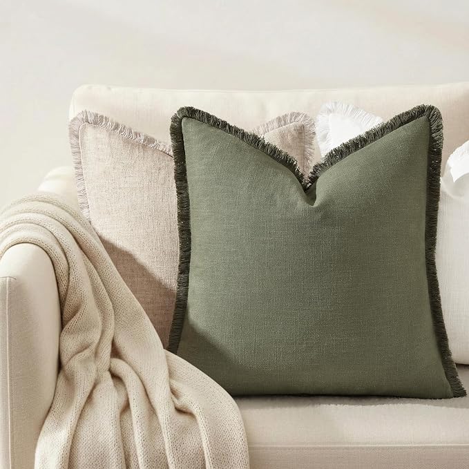 decorUhome Linen Fringe Olive Green Throw Pillow Covers 20x20 Set of 2 | Decorative Soft Accent Modern Boho Farmhouse Cushion Covers with Tassels Cotton Pillow Covers for Couch Bed Sofa