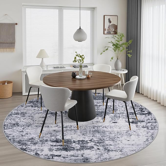 Round Area Rug for Living Room: 4 ft Washable Modern Abstract Soft Thin Rug Indoor Floor No Slip Stain Resistant Carpet for Bedroom Dining Room Farmhouse Nursery Home Office - Grey