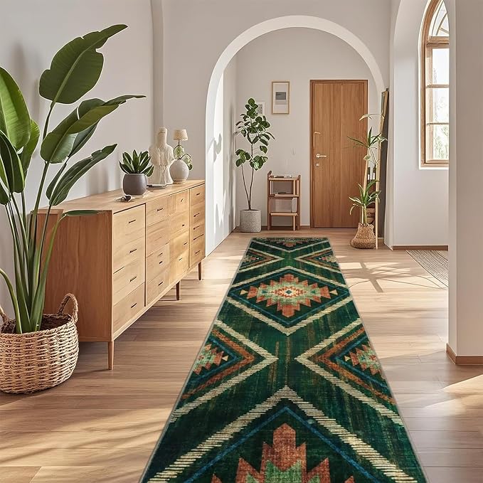 2x10Ft Boho Runner Rugs for Hallway Non Slip, Green Washable Kitchen Rugs, Soft Moroccan Farmhouse Entryway Runner, Low Pile Geometric Floor Carpet for Entrance Bedroom Home Decor