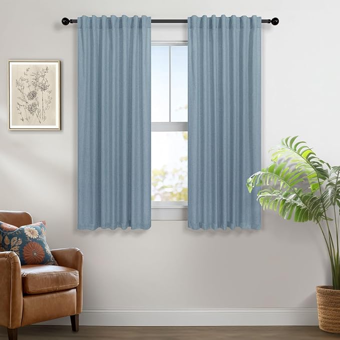 Light Blue Curtains 45 Inch Length for Small Bedroom 2 Panels Rod Pocket Back Tab Textured Semi Sheer Linen Short Cafe French Country Blue Curtain for Kitchen Bathroom Farmhouse Decor Stone Blue Dusty