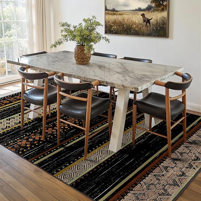 BESTSWEETIE 5x7 Area Rugs for Living Room Washable Moroccan Farmhouse Neutral Geometric Low Pile Non-Slip Soft Print Pattern Rug for Bedroom Kitchen Dining Room Entryway Black/Red/Brown/Cream/Yellow