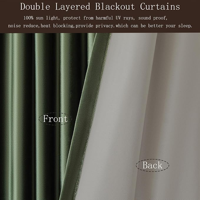 100% Full Blackout Olive Green Velvet Curtains 72 inch Long for Living Room,Set of 2 Liner Rod Pocket Back Tab Thermal Window Curtains Room Darkening Heavy Decorative Curtains Drapes for Bedroom