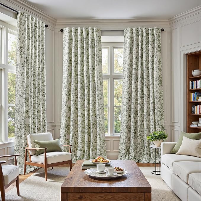 jinchan Green Floral Blackout Curtains 96 Inch Farmhouse Back Tab 2 Panels | Green on beige, room darkening, traditional vintage drapes, bedroom, living room, botanical, flower print, window treatment