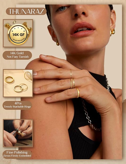 THUNARAZ 14K Gold Filled Rings Stacking Rings for Women Stackable Thin Gold Ring Plain Pinky Thumb Midi Statement Band Ring Comfort Fit 4Pcs 1mm 2mm 3mm 5mm