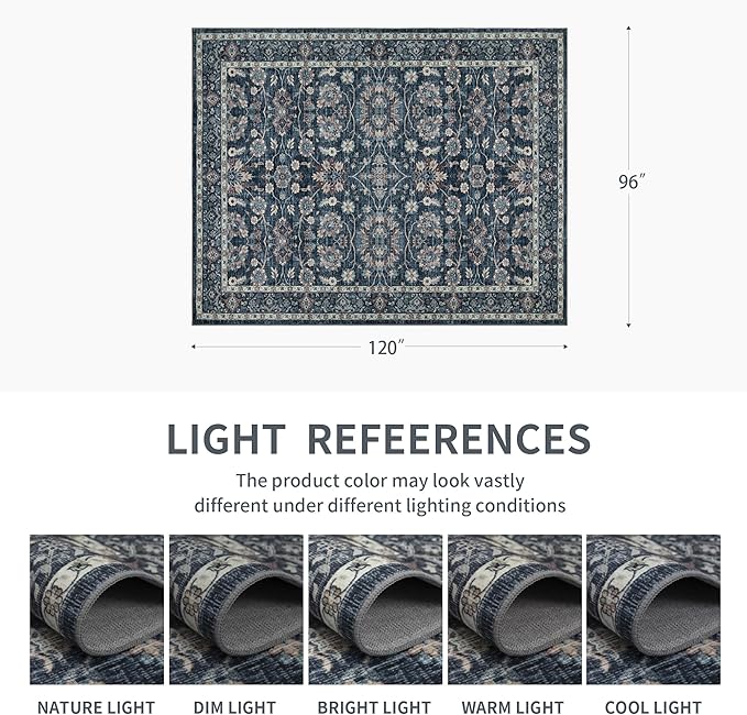 8x10 Vintage Washable Area Rug, Blue | Living Room,Low Pile Non Slip Non-Shedding Large Soft Indoor Stain Resistant Rug Floral Print Mat for Bedroom Dining Room