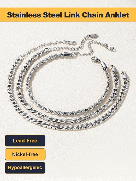 U7 2Pcs/3Pcs Ankle Bracelets for Women, Stainless Steel Cuban Link/Figaro/Rope/Heart Chain Anklets Sets,Waterproof Layered Anklets Adjustable 8.5"-10.5"
